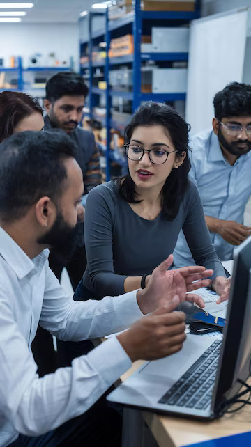 two diverse multiethnic indian colleagues having conversation while busy working software de_1313853 76923